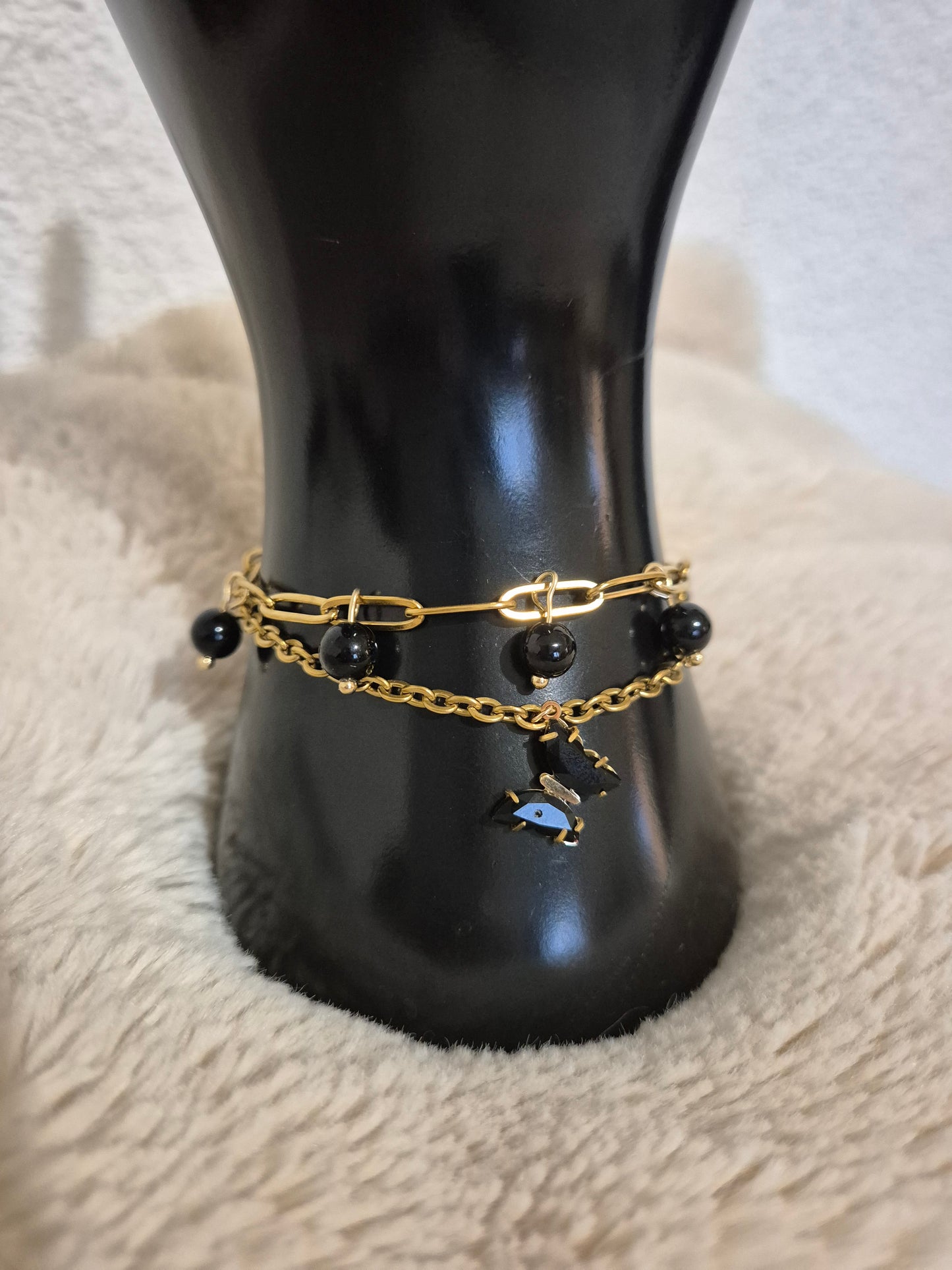 Métamorphose Noire Bracelet double chaîne papillon