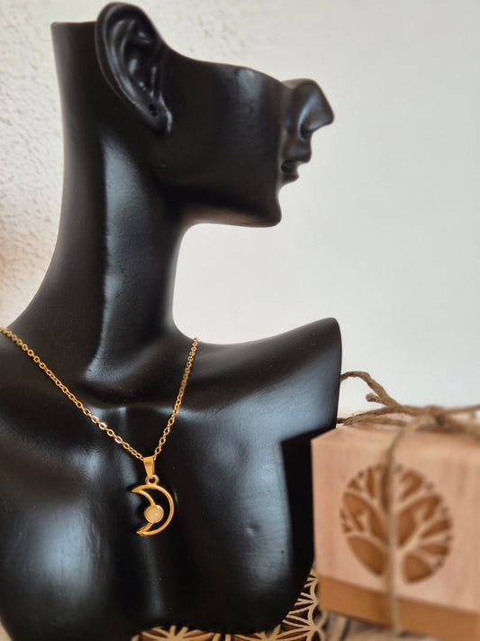 Collier Lune & Pierre Naturelle en Acier Inoxydable