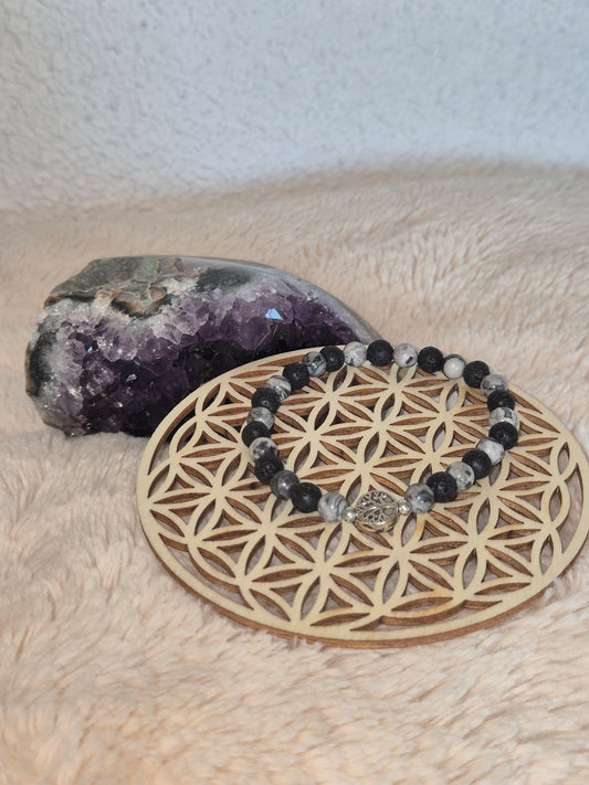 Danse du Feu et de la Terre bracelet jaspe dalmatien et pierre de lave
