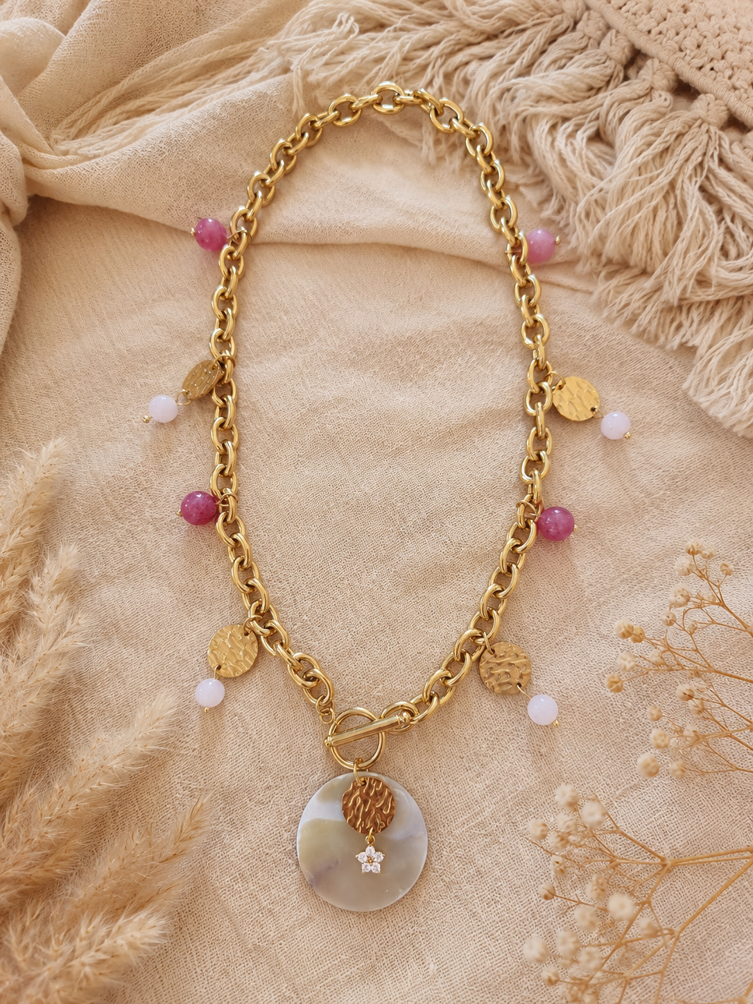 Collier quartz fraise et quartz rose